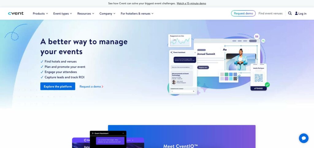 Screenshot of abstract management software homepage for Cvent.