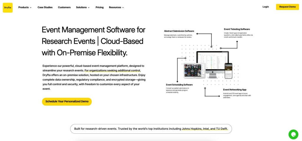 Screenshot of abstract management software homepage for Dryfta.
