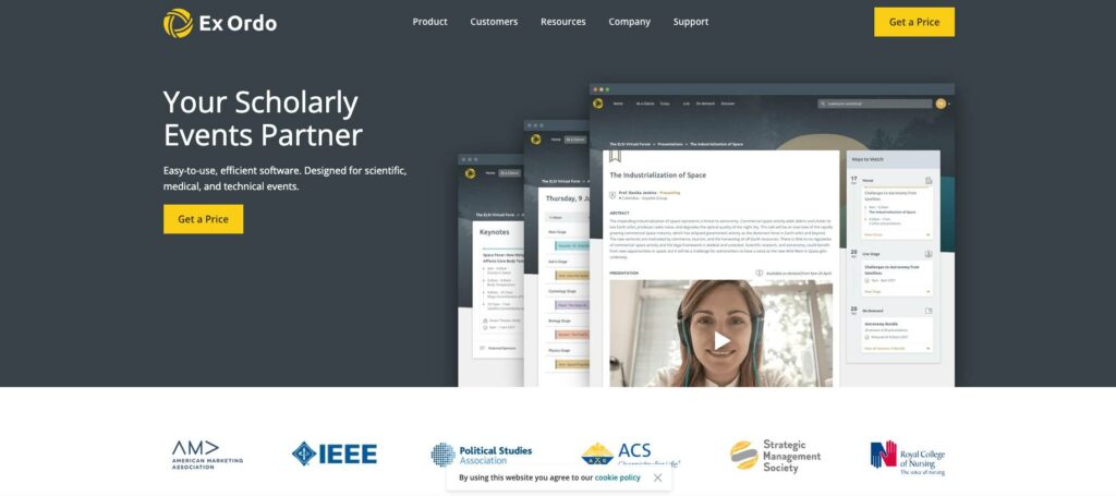 Screenshot of abstract management software homepage for Ex Ordo.