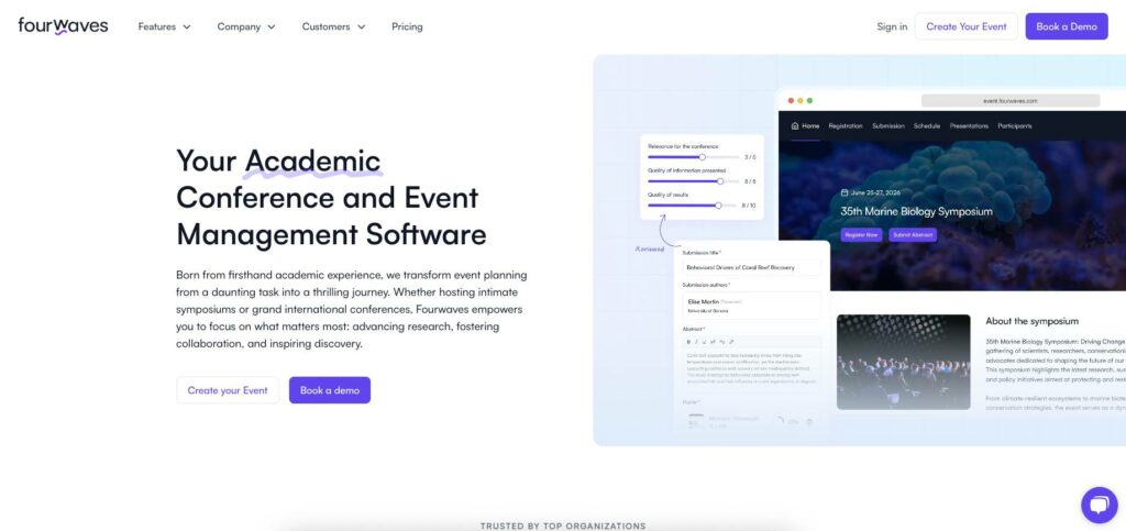 Screenshot of abstract management software homepage for Fourwaves.