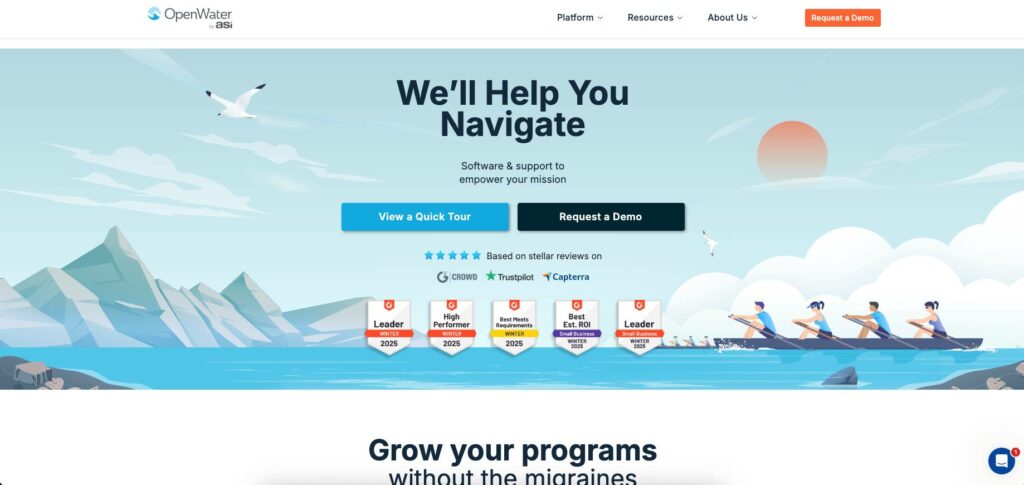 Screenshot of abstract management software homepage for OpenWater.