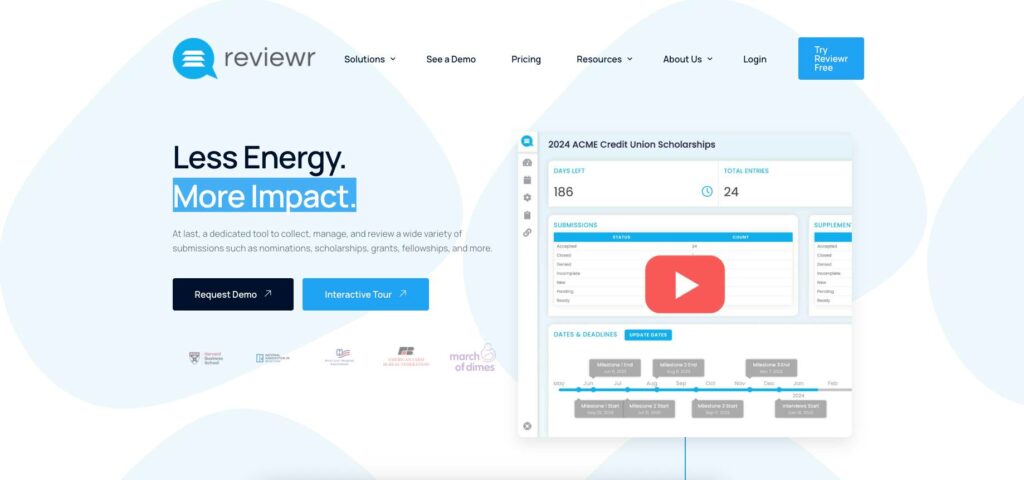 Screenshot of abstract management software homepage for Reviewr.