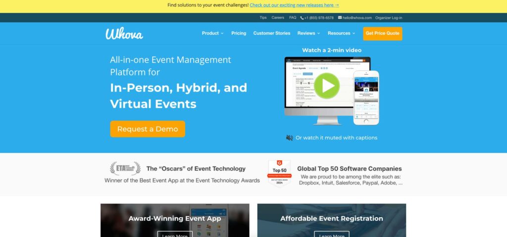 Screenshot of abstract management software homepage for Whova.